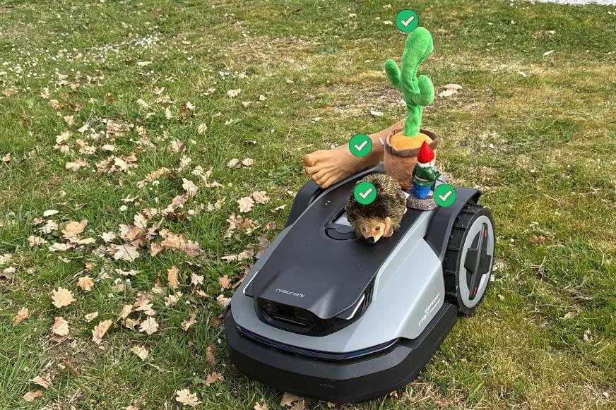 Roborock RockMow S1 erkennt alle Hindernisse bis auf den Stock im Test, die Hindernisse stehen neben dem Roboter und sind mit einem Haken für erfolgreich versehen